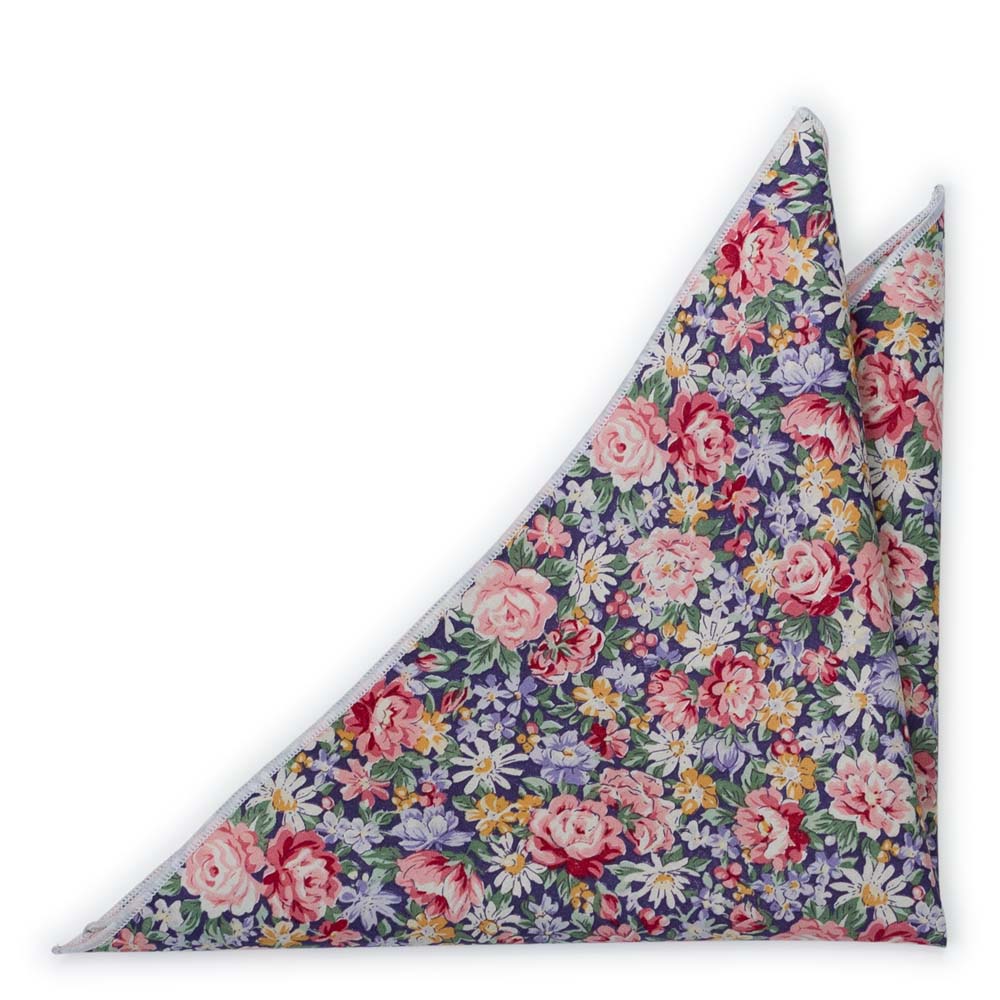 Bomull Lommetørkler, Rosa, blå, gule & grønne blomster på mørk lilla