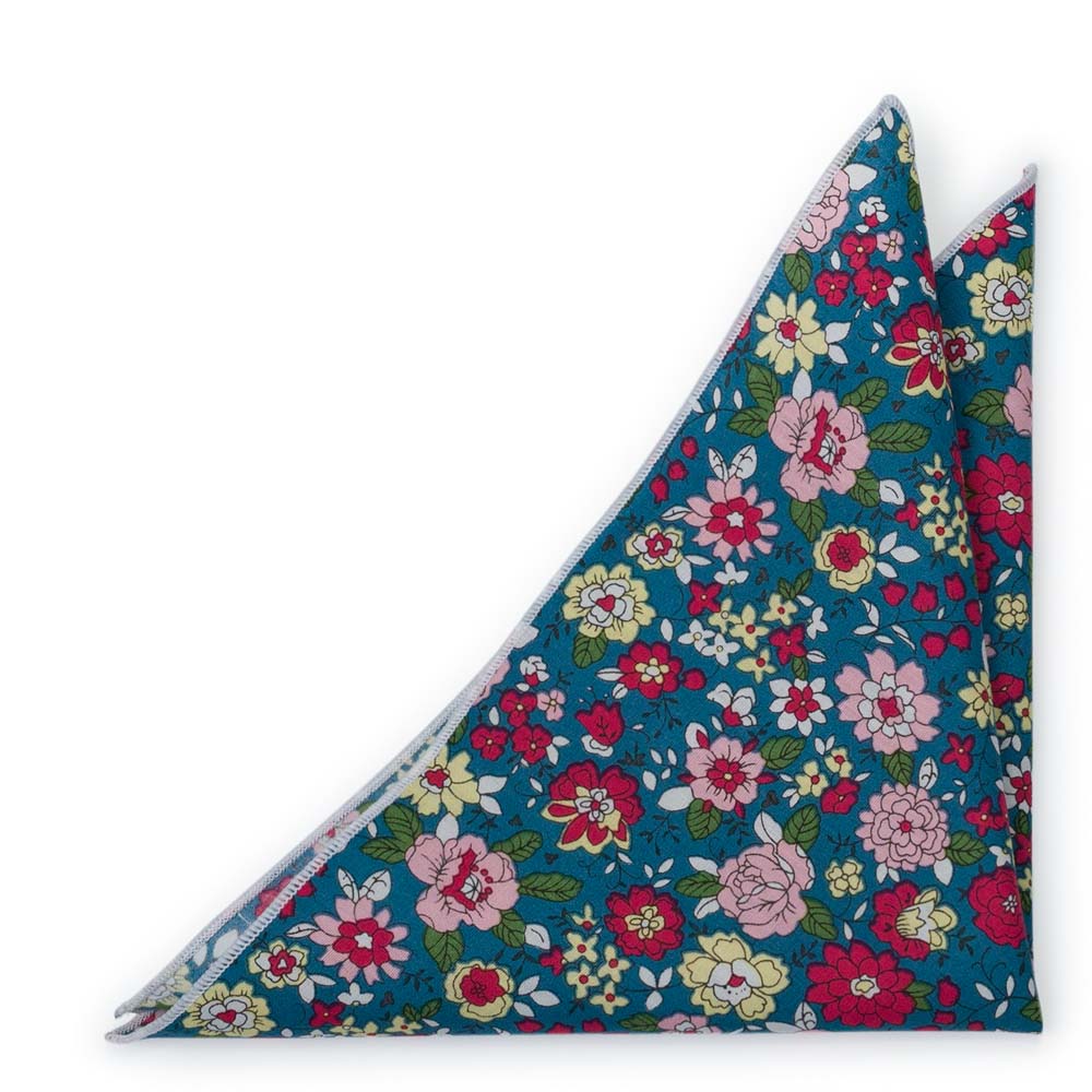 Bomull Lommetørkler, Blomster i rødt, rosa, gult og mørk Bondi Blue