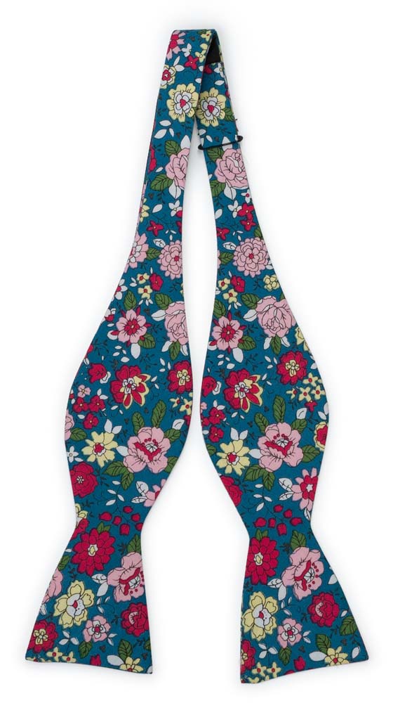 Bomull Sløyfer Uknyttede, Blomster i rødt, rosa, gult og mørk Bondi Blue