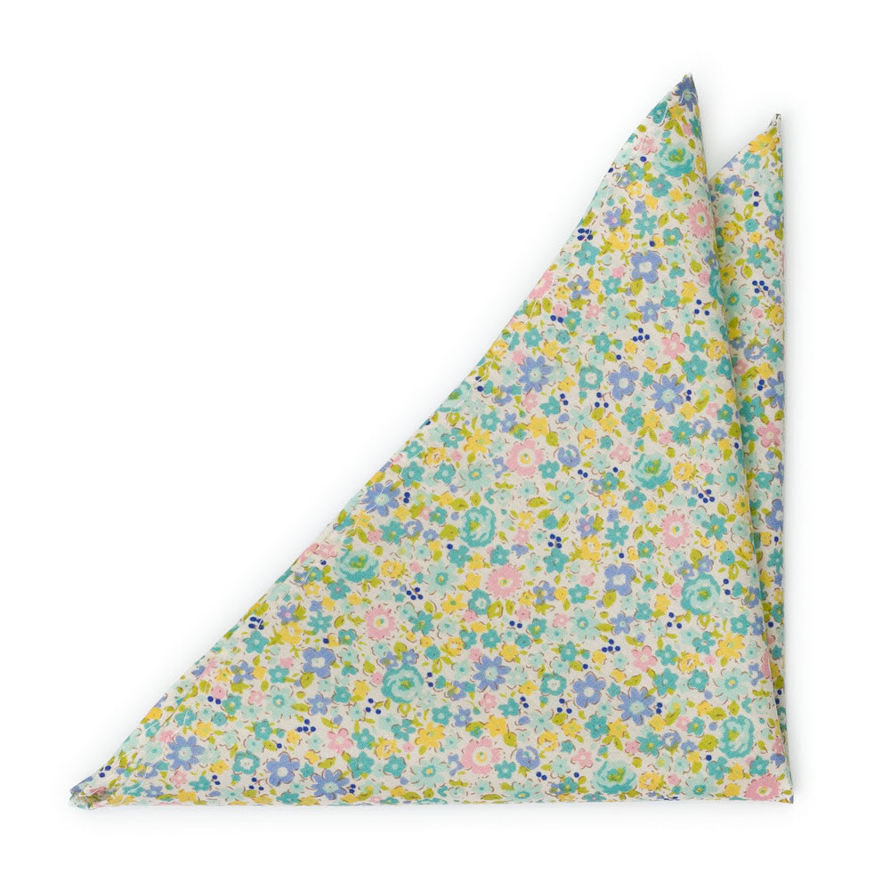 Bomull Lommetørkler, Bleke blomster i gult, stålblått, rosa & lilla