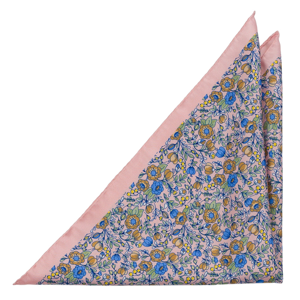 Silke Lommetørkler, Blå, beige, grønne & gule blomster på blekrosa