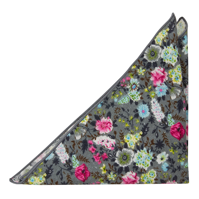 Bomull Lommetørkler, Rosa, blå, gule & grønne blomster på grått, Grå, Blomstrete